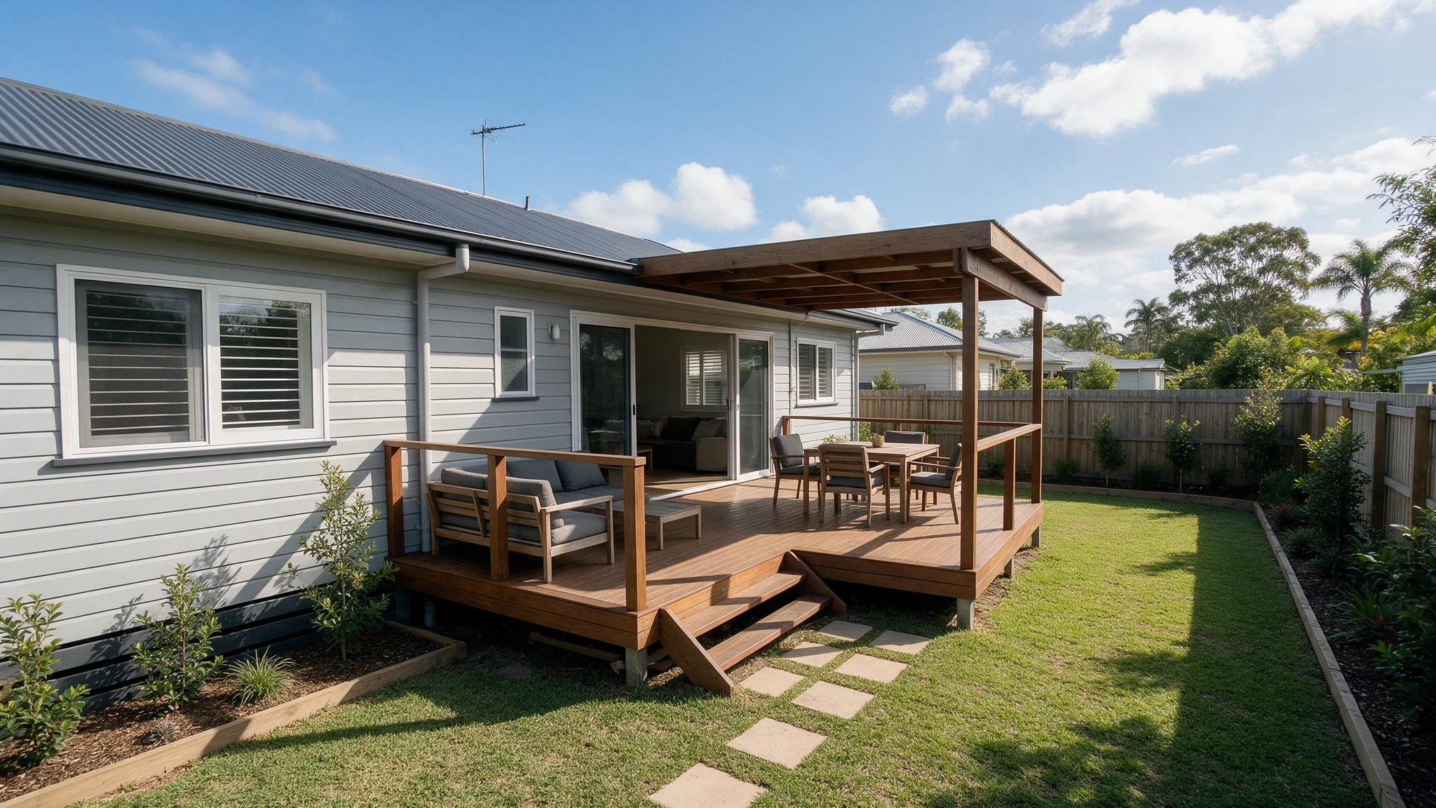 Timber deck and pergola at the rear of a suburban home