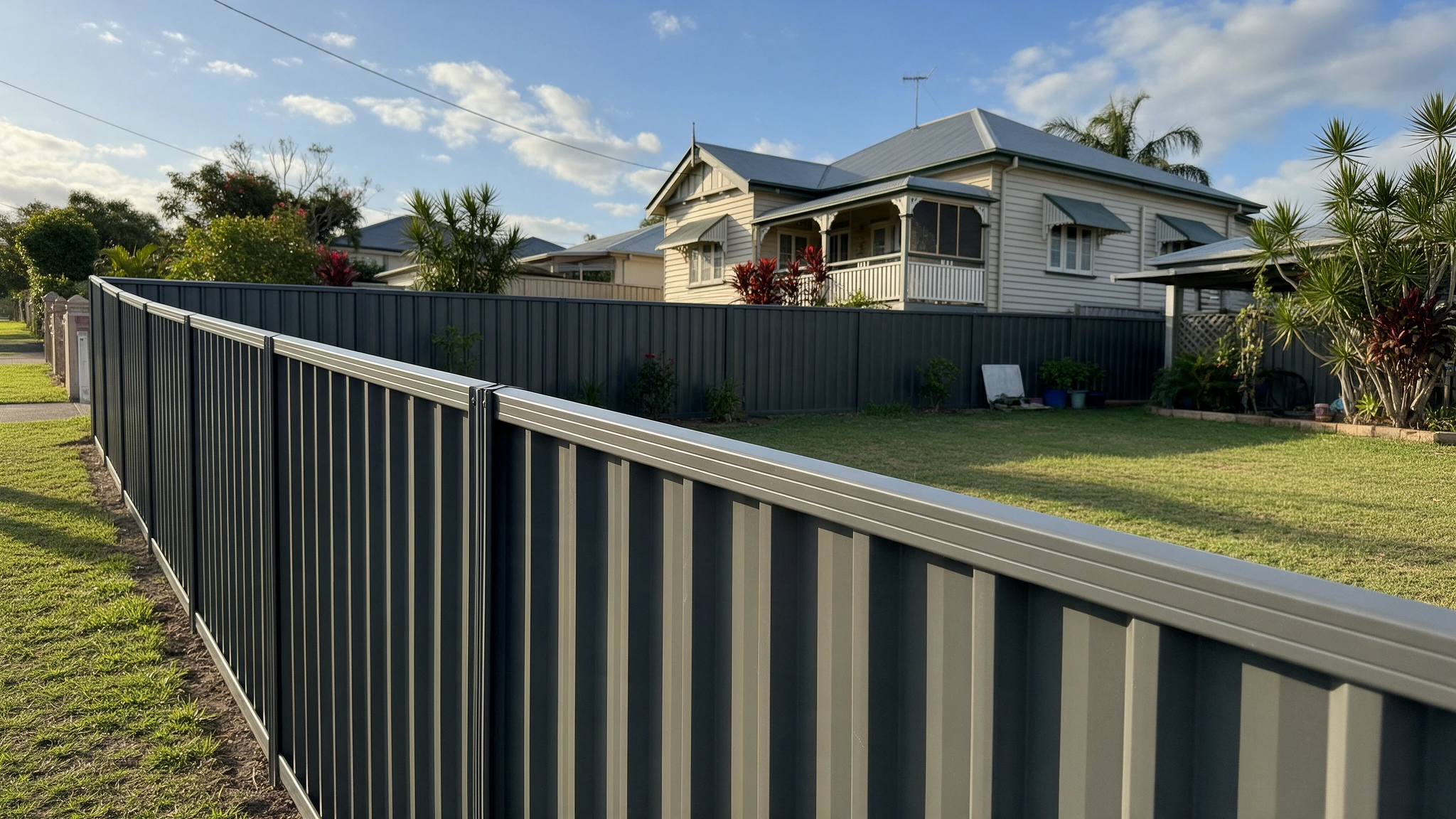 Dark grey metal boundary fence at a suburban home
